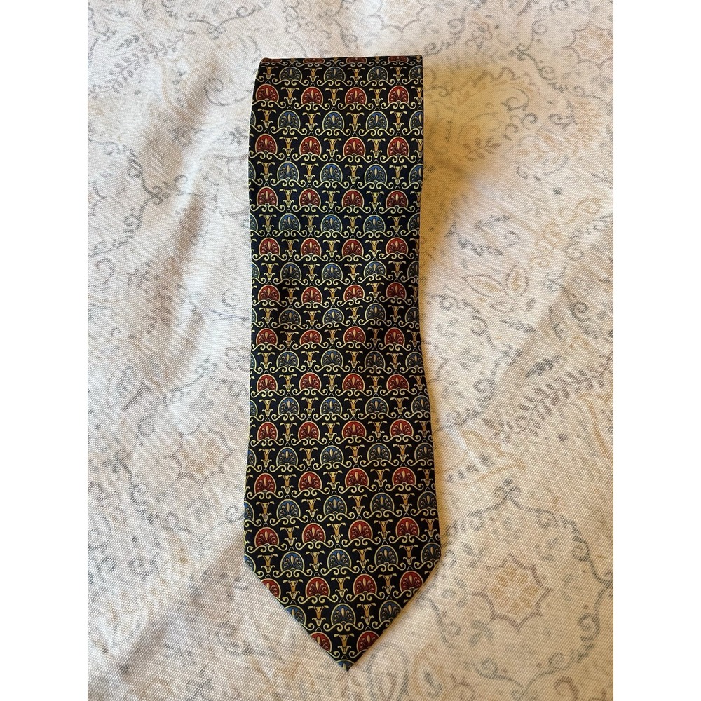 DI CORI Men's Necktie 60x3/5 Red Blue‎ Gold 100% Silk Made In Italy Geometric